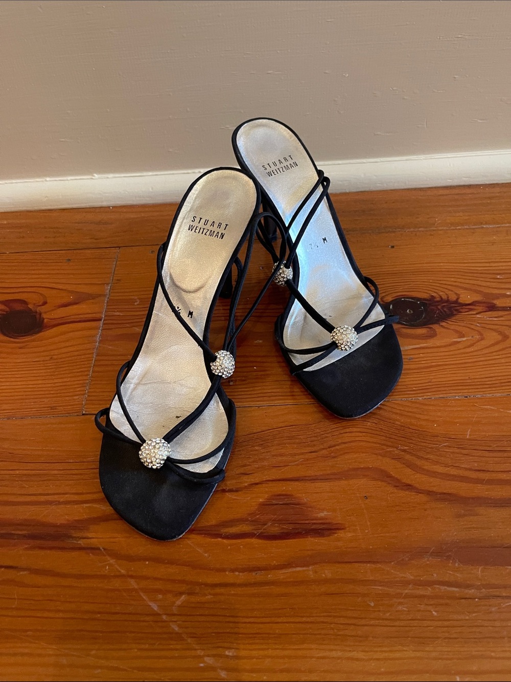 Stuart Weitzman Black Strappy Heels with Crystal Sphere Accents